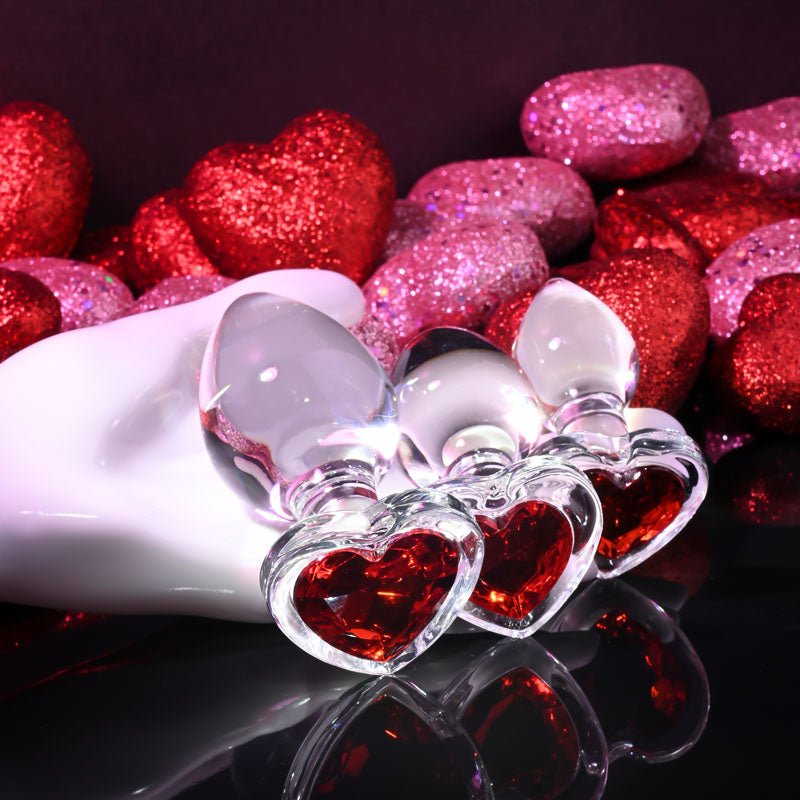 Adam & Eve RED HEART GEM GLASS PLUG SET - Clear Glass Butt Plugs - Set of 3 Sizes