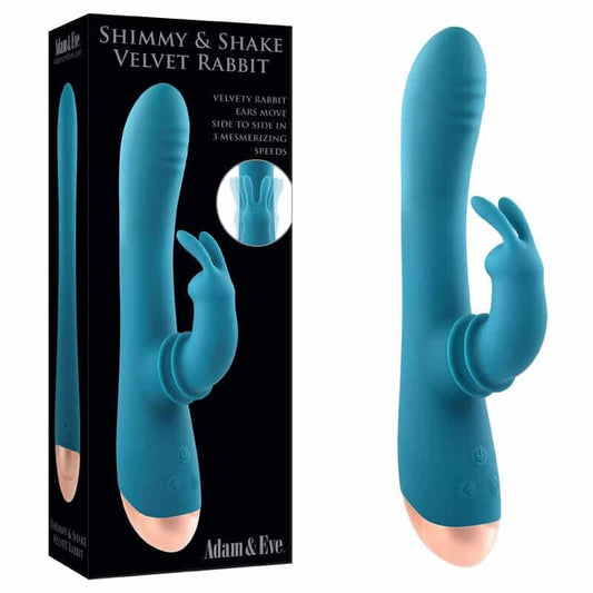 Adam & Eve SHIMMY & SHAKE VELVET RABBIT - Blue 22.4 cm USB Rechargeable Rabbit Vibrator