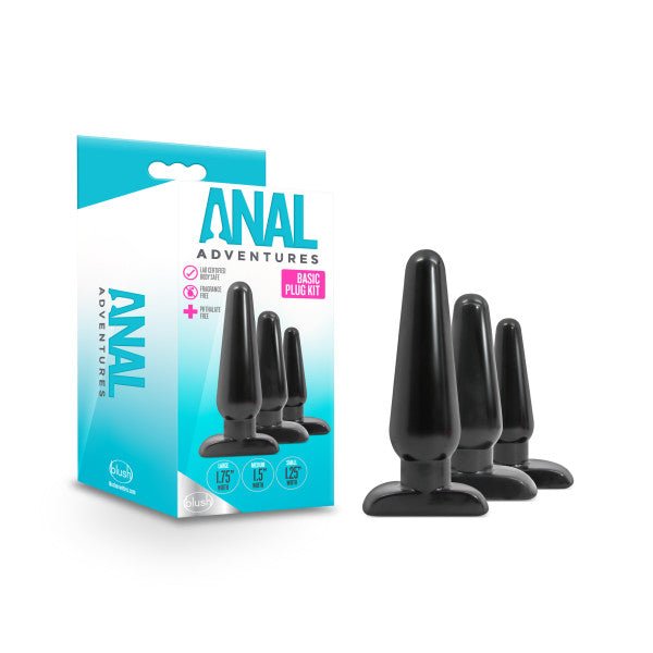 Anal Adventures Basic Plug Kit Black Butt Plugs - Set of 3 Sizes