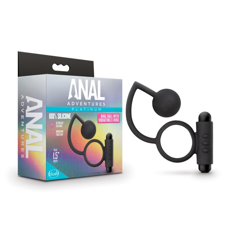 Anal Adventures Platinum Anal Ball & Vibrating C - Ring - Black Vibrating Cock Ring with Anal Ball