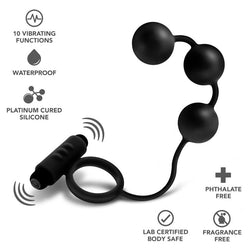 Anal Adventures Platinum Anal Beads & Vibrating C - Ring - Black Vibrating Cock Ring with Anal Beads