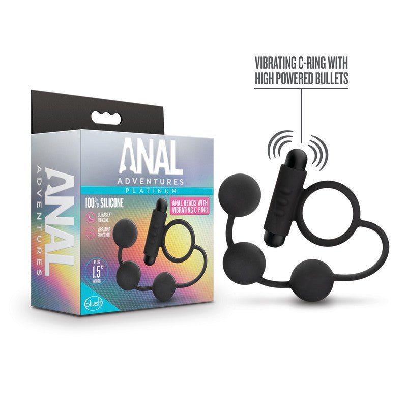 Anal Adventures Platinum Anal Beads & Vibrating C - Ring - Black Vibrating Cock Ring with Anal Beads