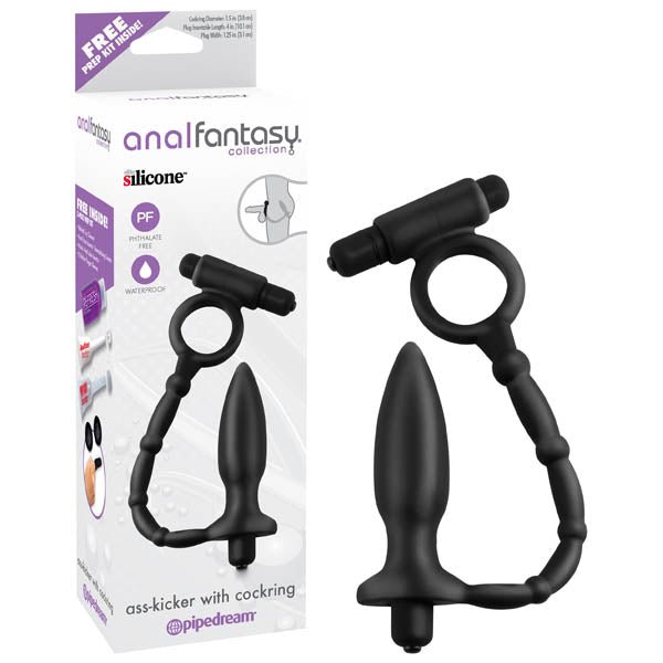 Anal Fantasy Collection Ass - Kicker With Cockring - Black 10.1 cm (4'') Vibrating Butt Plug with Vibrating Cock Ring