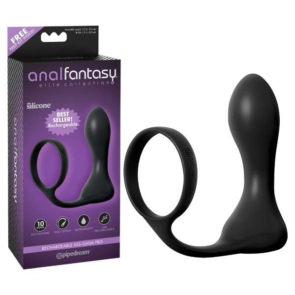 Anal Fantasy Elite Collection Rechargeable Ass - Gasm Pro - Black USB Rechargeable Vibrating Anal Plug with Cock Ring