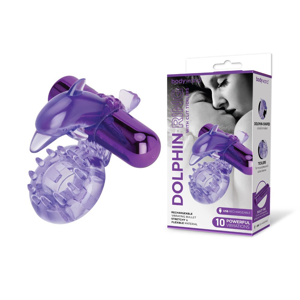 Bodywand Rechargeable Dolphin Ring with Clit Ticklers Purple Vibrating Cock Ring