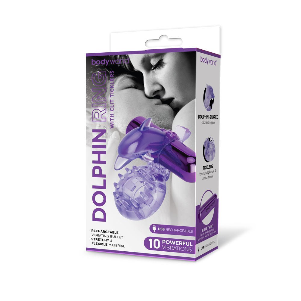 Bodywand Rechargeable Dolphin Ring with Clit Ticklers Purple Vibrating Cock Ring