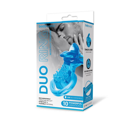 Bodywand Rechargeable Duo Ring with Clit Tickler Blue Vibrating Cock Ring