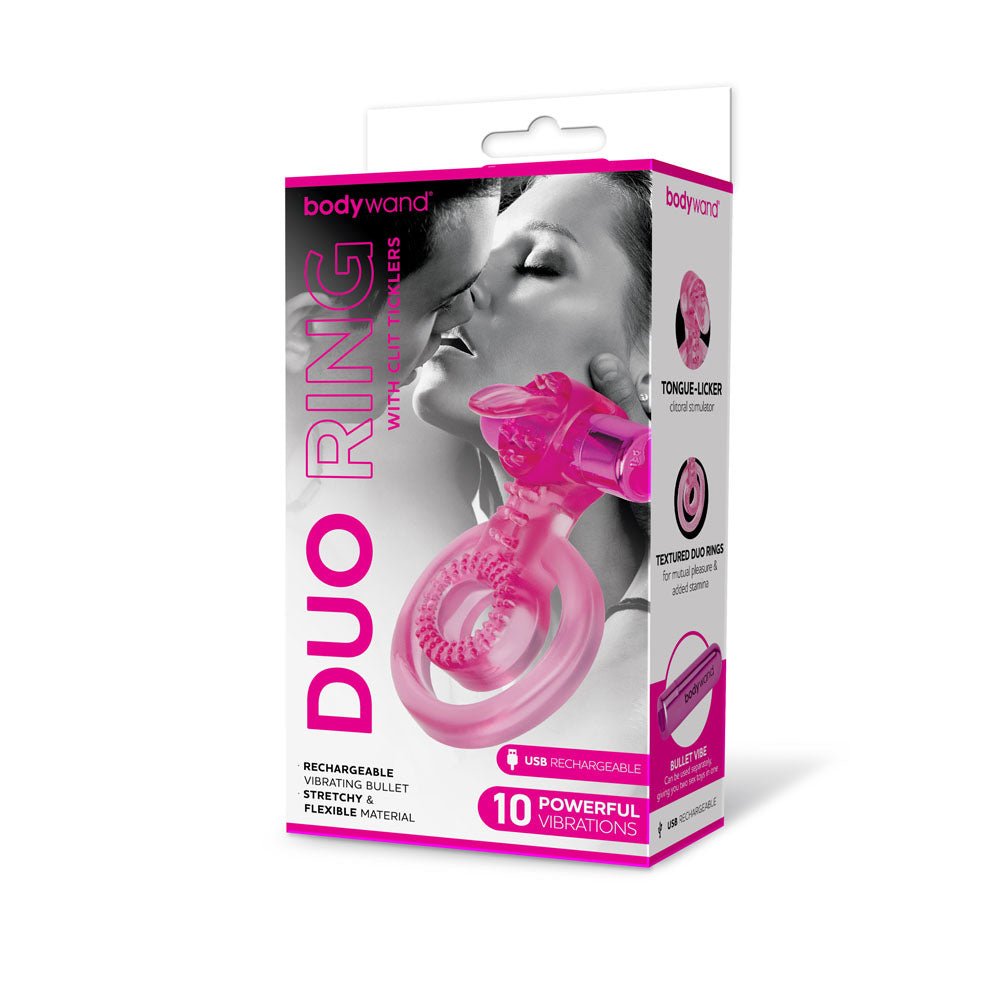 Bodywand Rechargeable Duo Ring with Clit Tickler Pink Vibrating Cock Ring