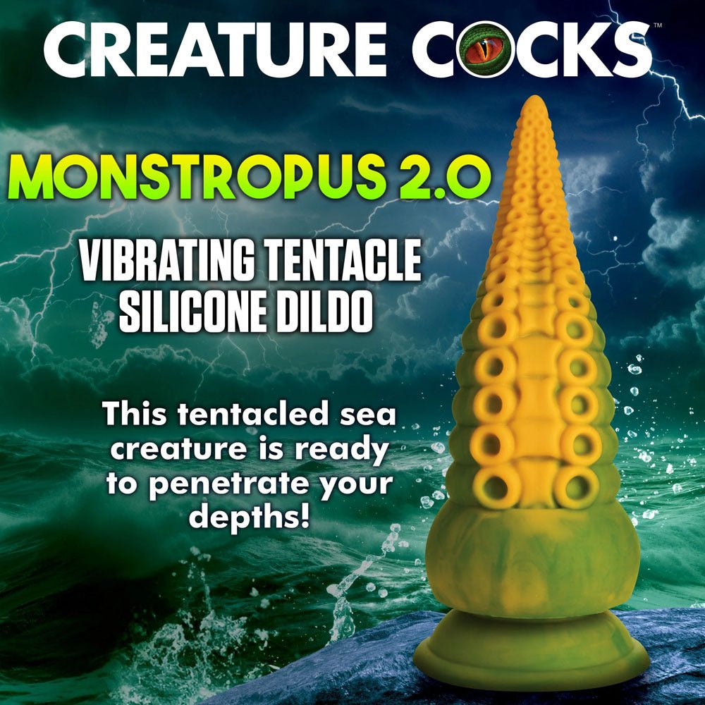 Creature Cocks Monstropus 2.0 Vibrating Tentacled Monster Silicone Dildo - Green/Yellow 18.5 cm USB Rechargeable