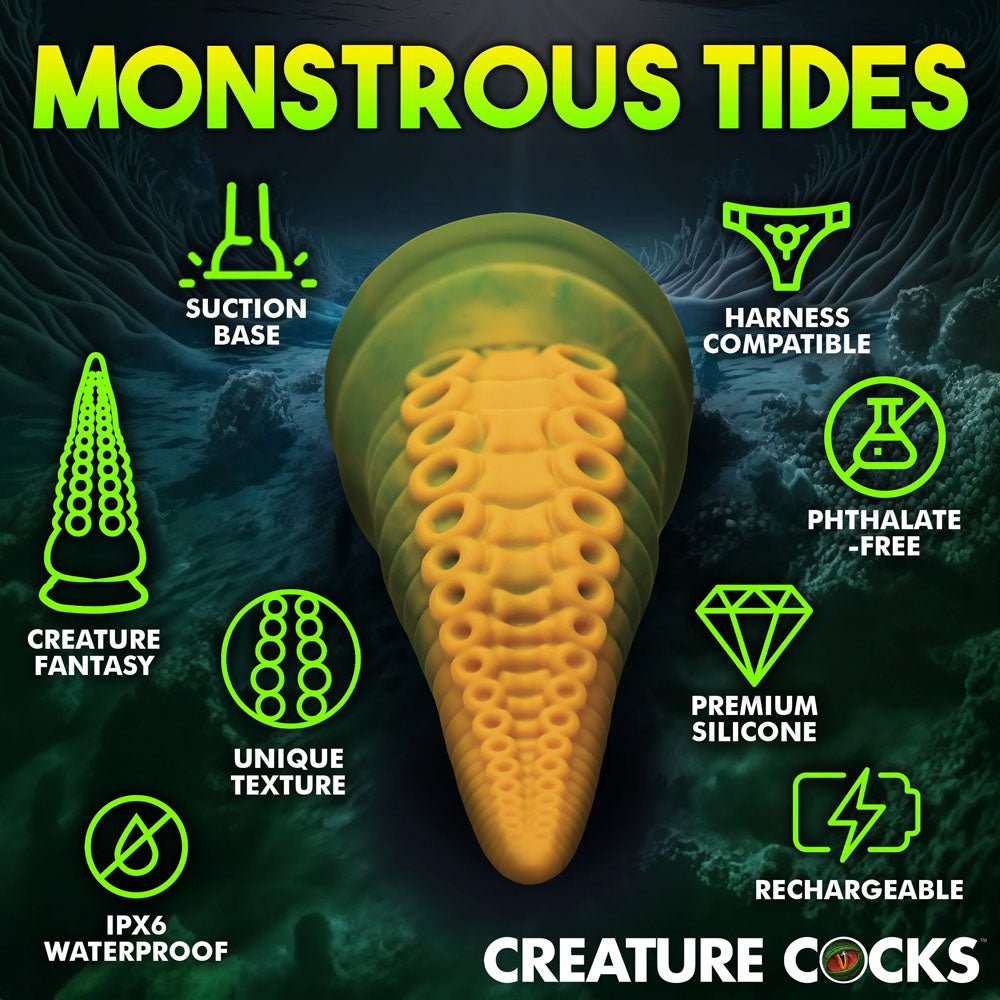 Creature Cocks Monstropus 2.0 Vibrating Tentacled Monster Silicone Dildo - Green/Yellow 18.5 cm USB Rechargeable