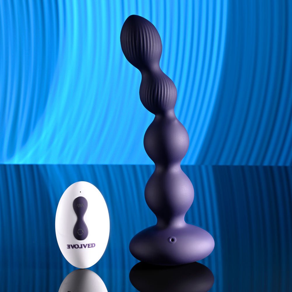 Evolved PLEASURE ORBIT - Navy Blue 17.8 cm USB Rechargeable Twirling & Vibrating Anal Beads with Remote with Remote