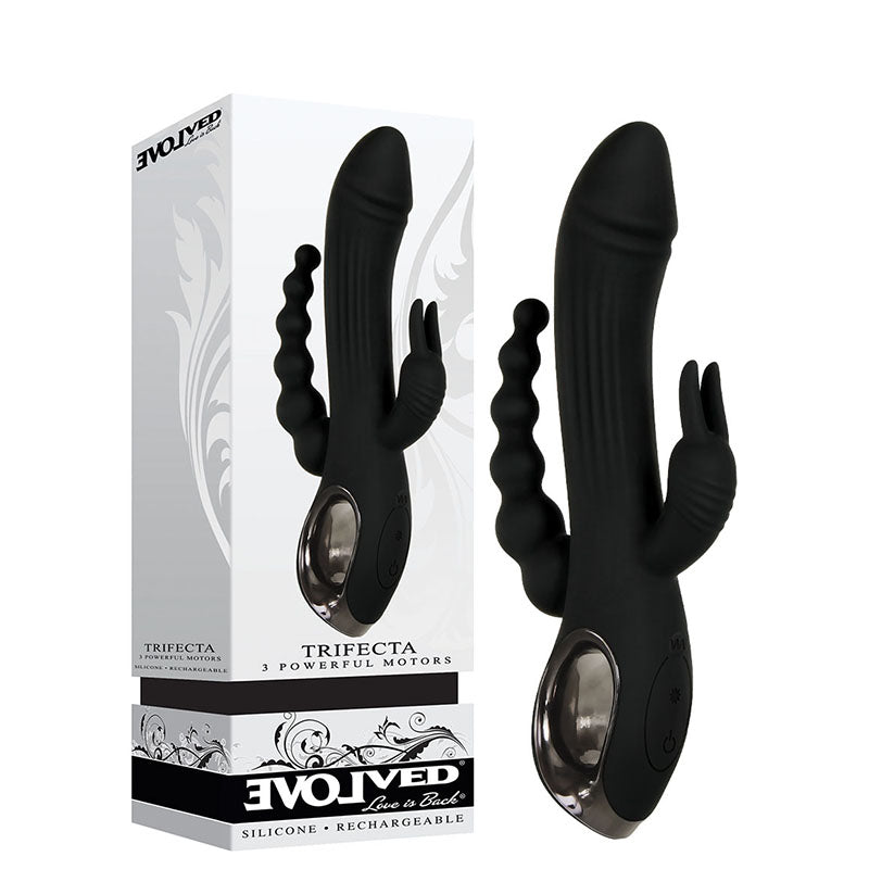 Evolved Trifecta - Black 21.6 cm USB Rechargeable Rabbit Vibrator with Anal Stim