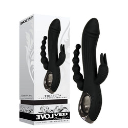 Evolved Trifecta - Black 21.6 cm USB Rechargeable Rabbit Vibrator with Anal Stim