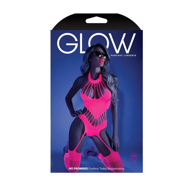 GLOW NO PROMISES Footless Teddy Bodystocking Glow in Dark Pink - One Size