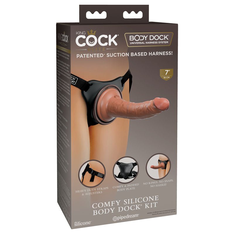 King Cock Elite Comfy Silicone Body Dock Kit - Body Dock Strap - On Harness with Tan 17.8 cm Dong