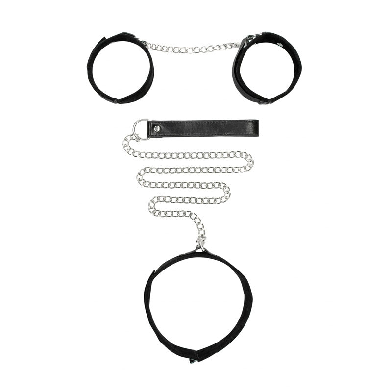 OUCH! BW Velcro Collar With Leash And Hand Cuffs - Restraints