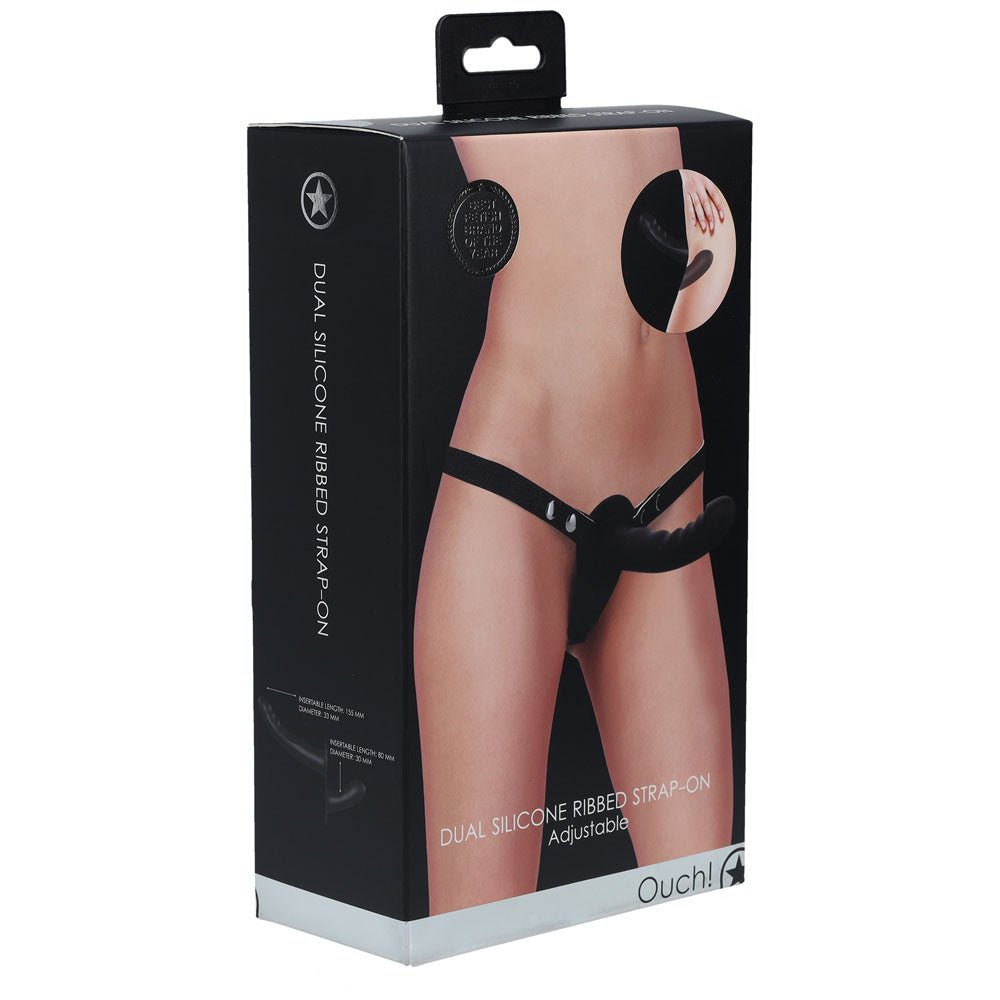 OUCH! Dual Silicone Ribbed Strap-On - Black Double Ended Strap-On