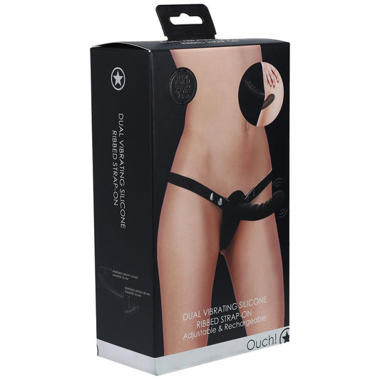 OUCH! Dual Vibrating Silicone Ribbed Strap - On - Black USB Rechargeable