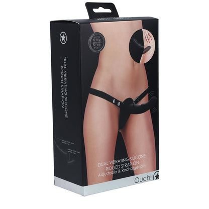 OUCH! Dual Vibrating Silicone Ridged Strap - On - Black USB Rechargeable