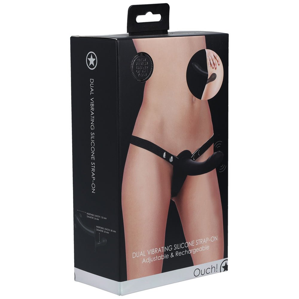 OUCH! Dual Vibrating Silicone Strap-On - Black USB Rechargeable