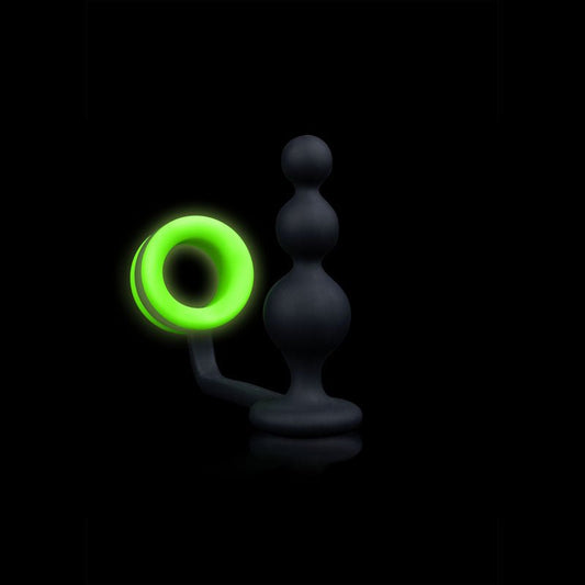 OUCH! Glow In The Dark Beads Butt Plug with Cock Ring - Black 11.2 cm Butt Plug with Glow In Dark Cock Ring