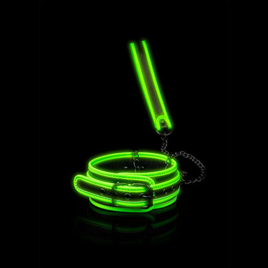 OUCH! Glow In The Dark Collar and Leash - Black/Glow in Dark Restraint