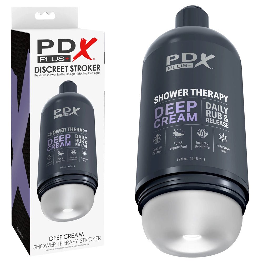 PDX Plus Shower Therapy - Deep Cream - Frosted Clear Discreet Stroker with Suction Base