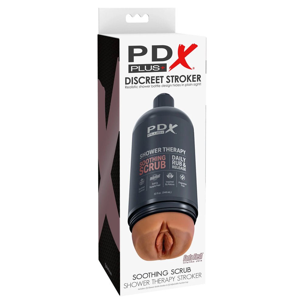 PDX Plus Shower Therapy - Soothing Scrub - Tan Discreet Stroker with Suction Base