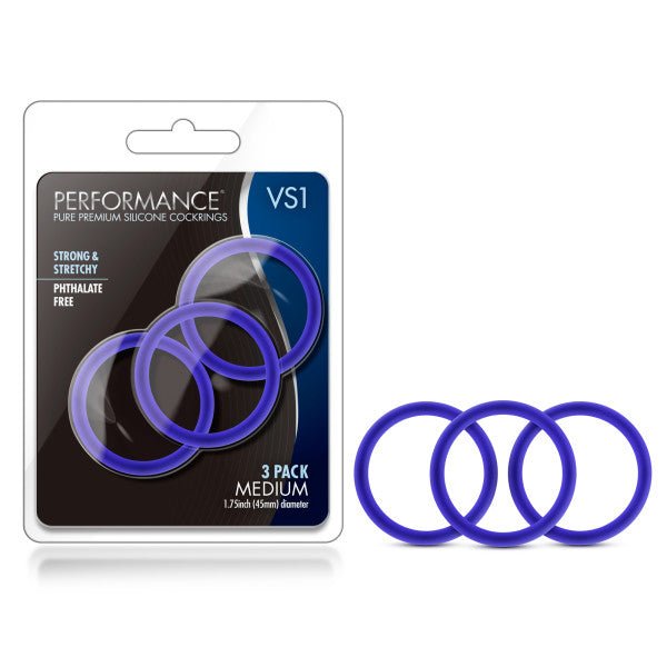 Performance VS1 Pure Premium Silicone Cockrings Indigo Blue Medium Set of 3