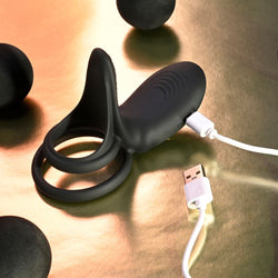 Playboy Pleasure JUST RIGHT Black Rechargeable Vibrating Cock & Balls Rings