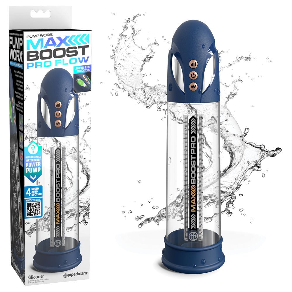 Pump Worx Max Boost Pro Flow Blue/Clear USB Rechargeable Waterproof Auto Penis Pump