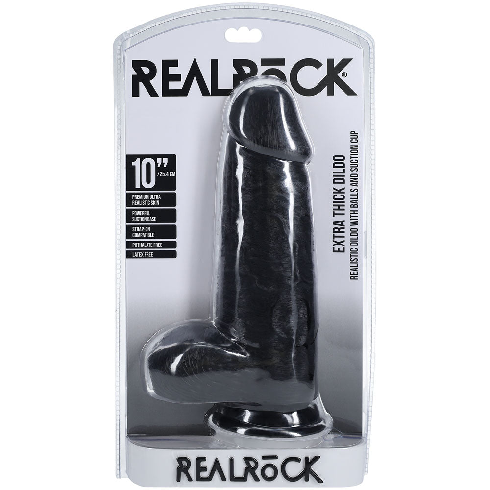 REALROCK 25cm Extra Thick Dildo with Balls - Black 25 cm (10'') Extra Thick Dong