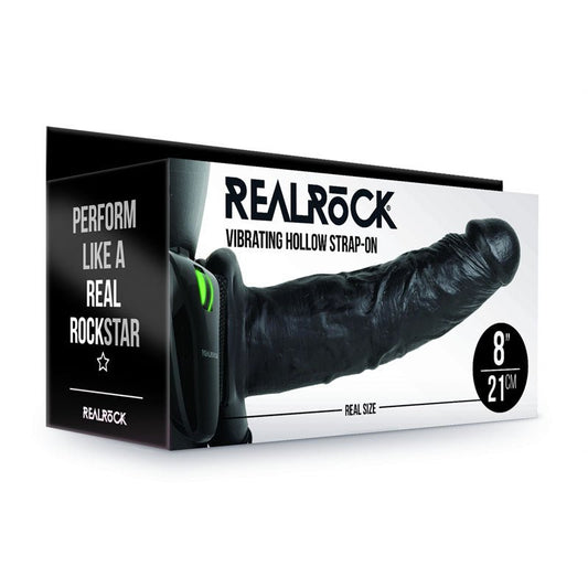 REALROCK Vibrating Hollow Strap - on - 20.5 cm Black - Black 20.5 cm Vibrating Hollow Strap - On