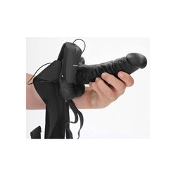 REALROCK Vibrating Hollow Strapon + Balls - 18cm Black - Black 18 cm Vibrating Hollow Strap-On