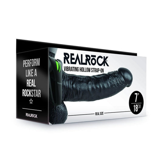 REALROCK Vibrating Hollow Strapon + Balls - 18cm Black - Black 18 cm Vibrating Hollow Strap - On