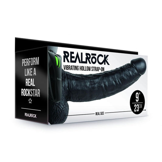 REALROCK Vibrating Hollow Strapon + Balls - 23cm Black - Black 23 cm Vibrating Hollow Strap - On