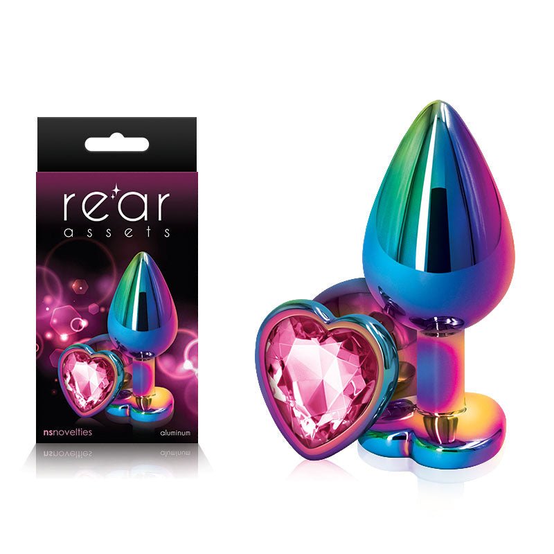 Rear Assets Multi Coloured Heart - Medium Pink Metal Butt Plug with Heart Gem Base