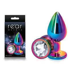 Rear Assets Multi Coloured Medium - Multi Coloured Medium Metal Butt Plug with Clear Gem Base