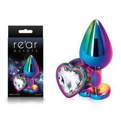 Rear Assets Multi Coloured Heart - Medium Metal Butt Plug with Clear Heart Gem Base