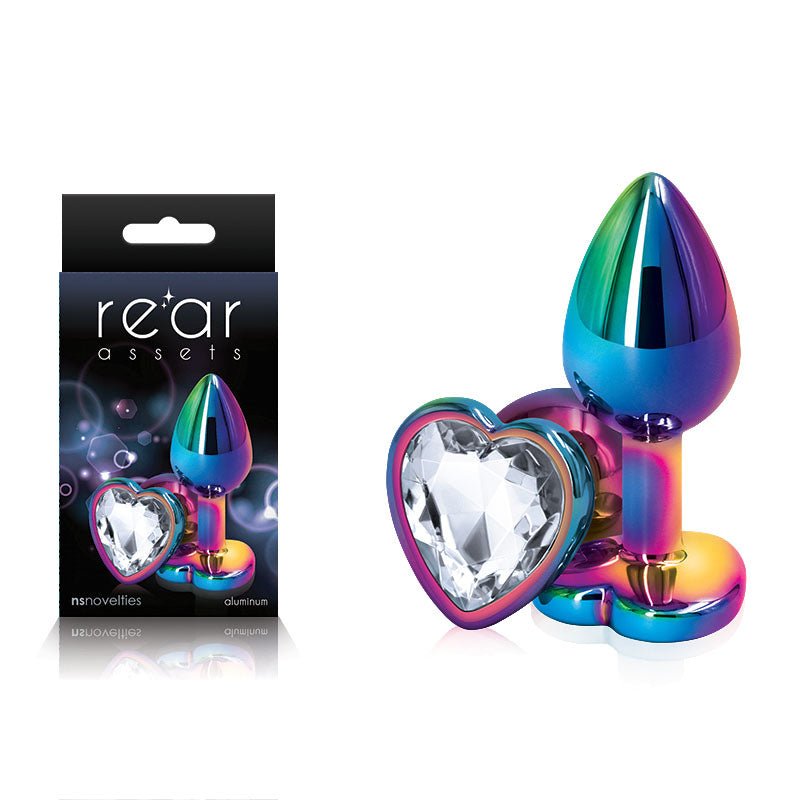 Rear Assets Multi Coloured Heart - Small Metal Butt Plug with Clear Heart Gem Base