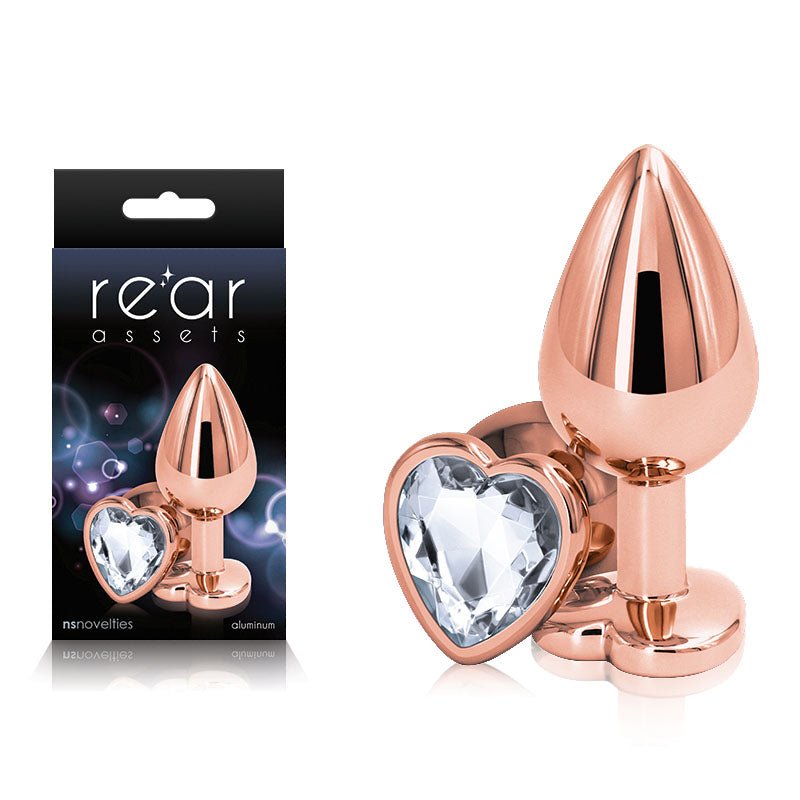 Rear Assets Rose Gold Heart Medium with Clear Heart Gem Base Metal Butt Plug