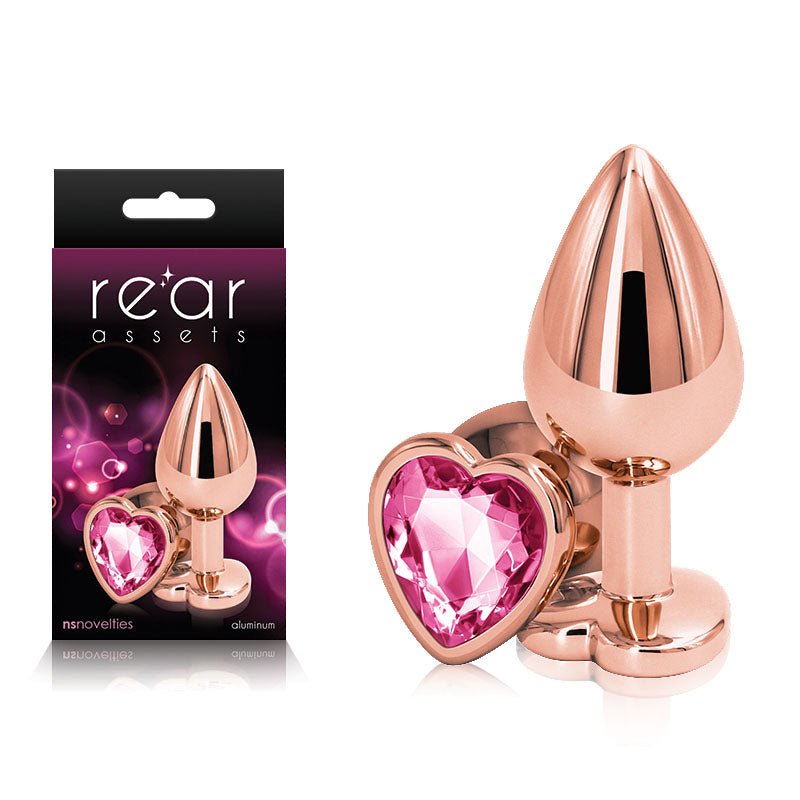 Rear Assets Rose Gold Heart Medium with Pink Heart Gem Base Metal Butt Plug