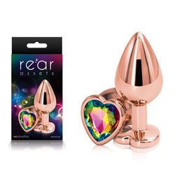 Rear Assets Rose Gold Heart Medium with Rainbow Heart Gem Base Metal Butt Plug