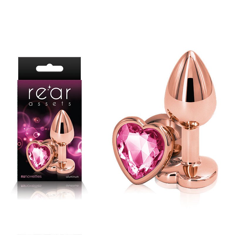 Rear Assets Rose Gold Heart Small with Pink Heart Gem Base Metal Butt Plug