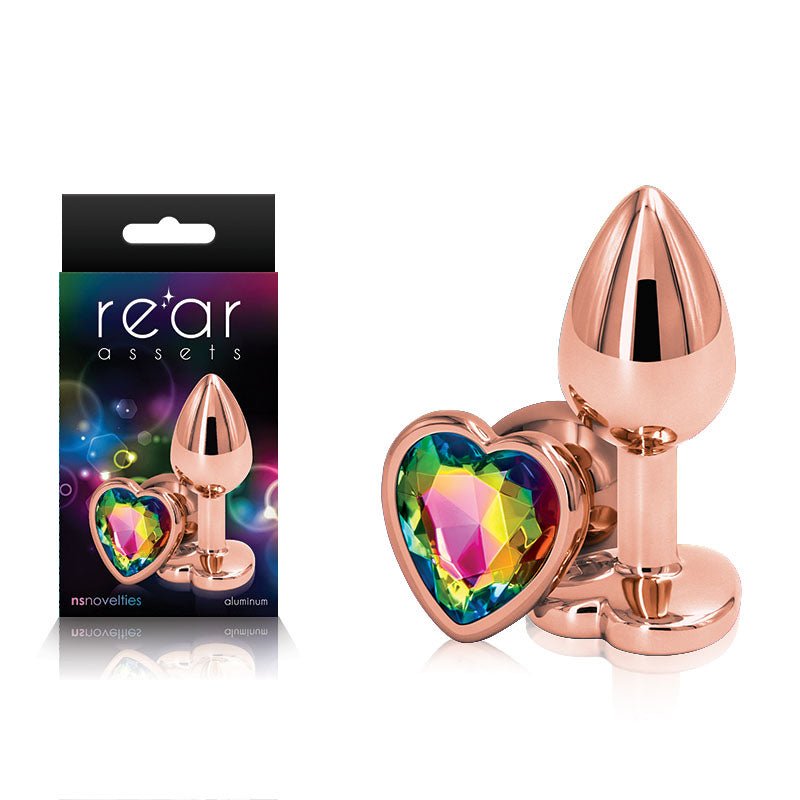 Rear Assets Rose Gold Heart Small with Rainbow Heart Gem Base Metal Butt Plug