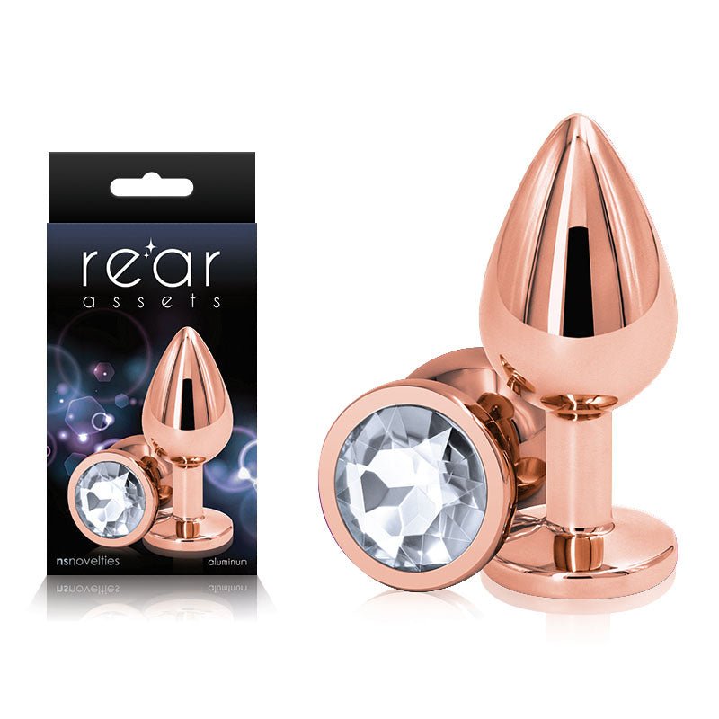 Rear Assets Rose Gold Medium with Clear Gem Base Metal Butt Plug