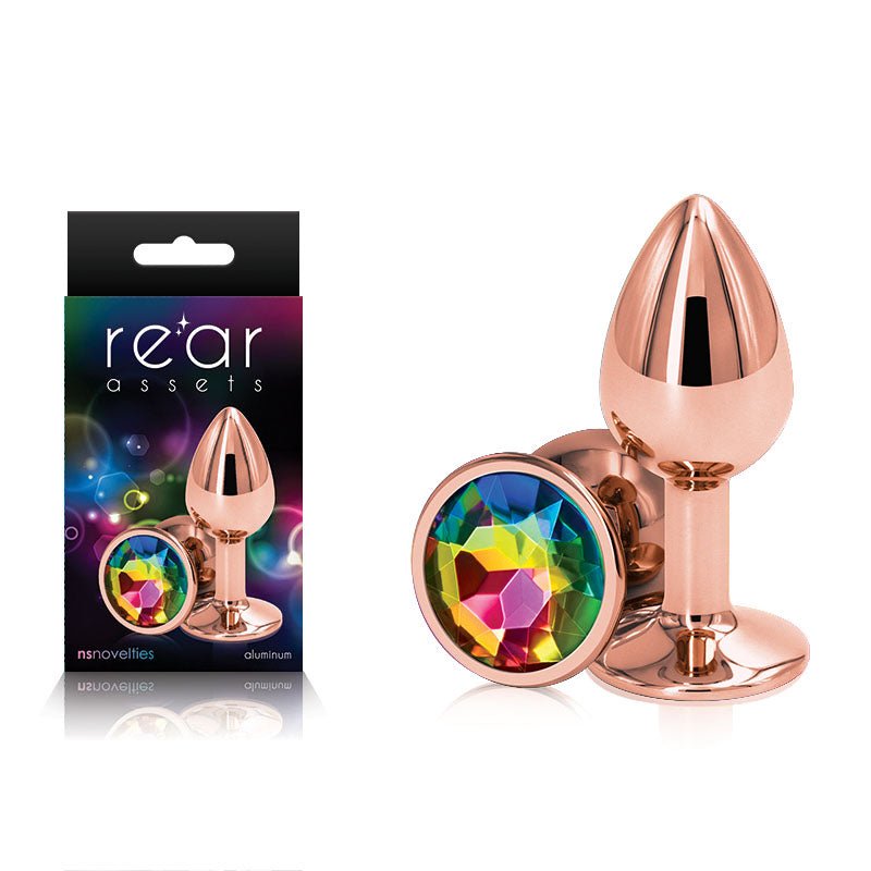 Rear Assets Rose Gold Small with Rainbow Gem Base Metal Butt Plug