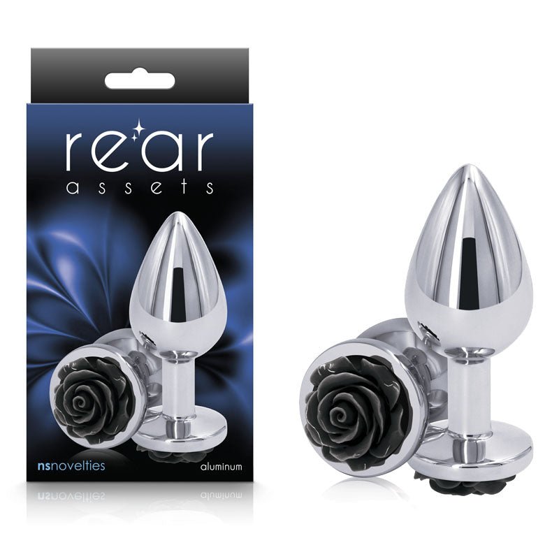 Rear Assets Rose - Medium Chrome 8.9 cm Metal Butt Plug with Black Rose Base