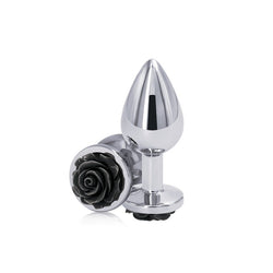 Rear Assets Rose - Medium Chrome 8.9 cm Metal Butt Plug with Black Rose Base