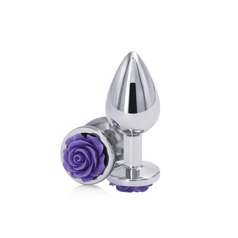 Rear Assets Rose - Medium - Chrome 8.9 cm Metal Butt Plug with Purple Rose Base